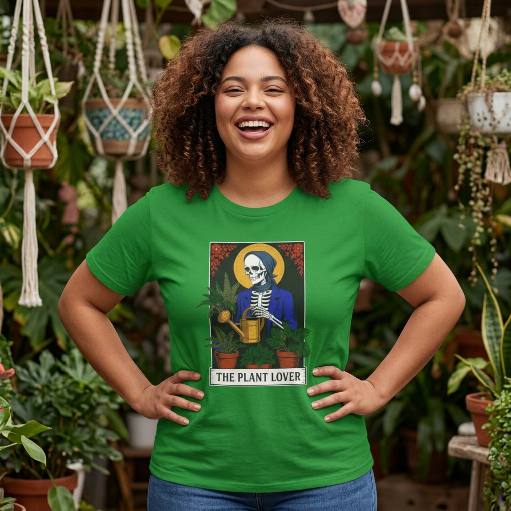 Printify Tarot Card Plant Lover T-Shirt featuring vibrant plant illustrations and playful design for plant enthusiasts.