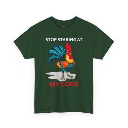Unisex farm animal T-shirt featuring a humorous "Stop Staring at My Cock" chicken design, Printify brand, casual wear.