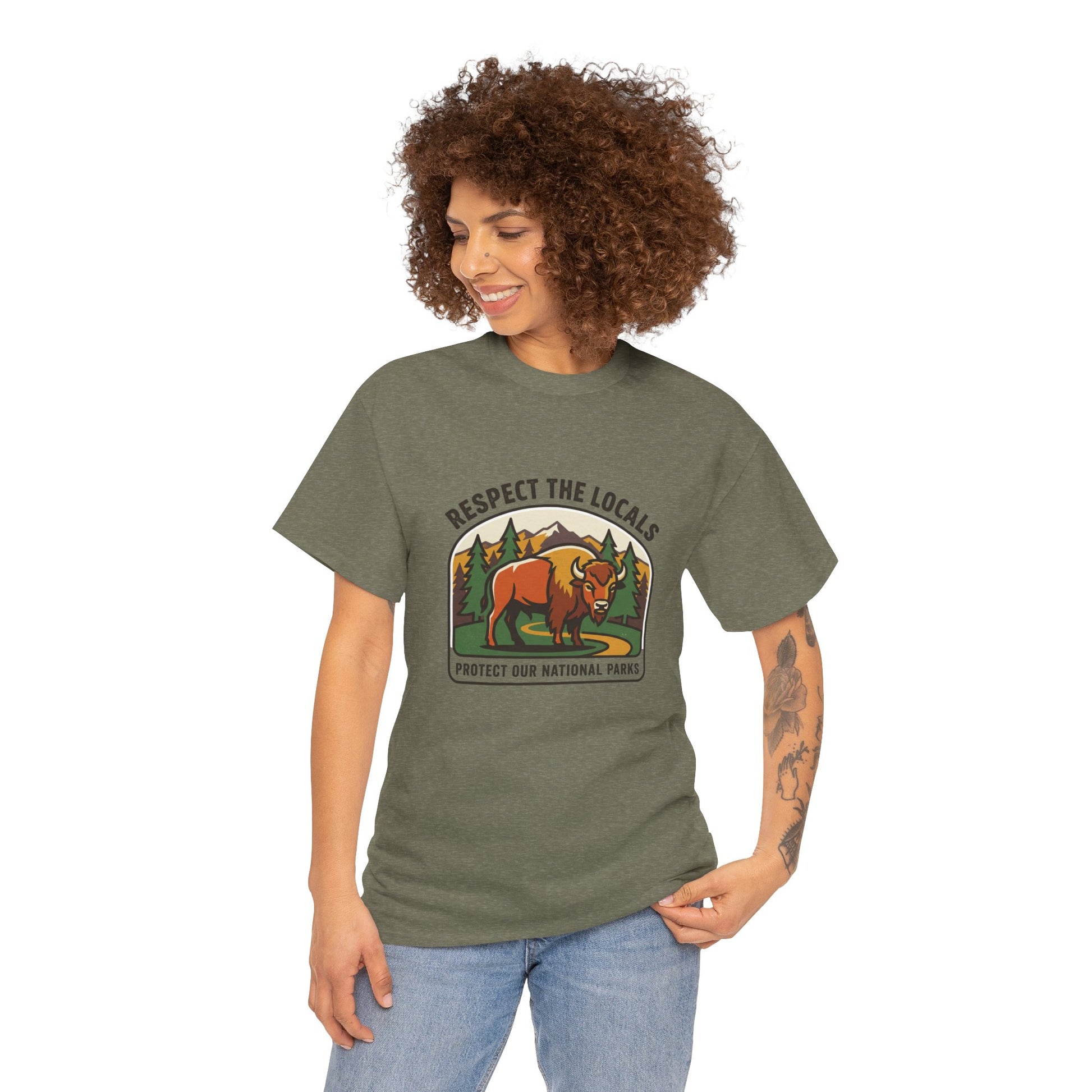 Respect the Locals Bison patch T-shirt by Printify featuring a nature-inspired design for outdoor enthusiasts and park visitors.
