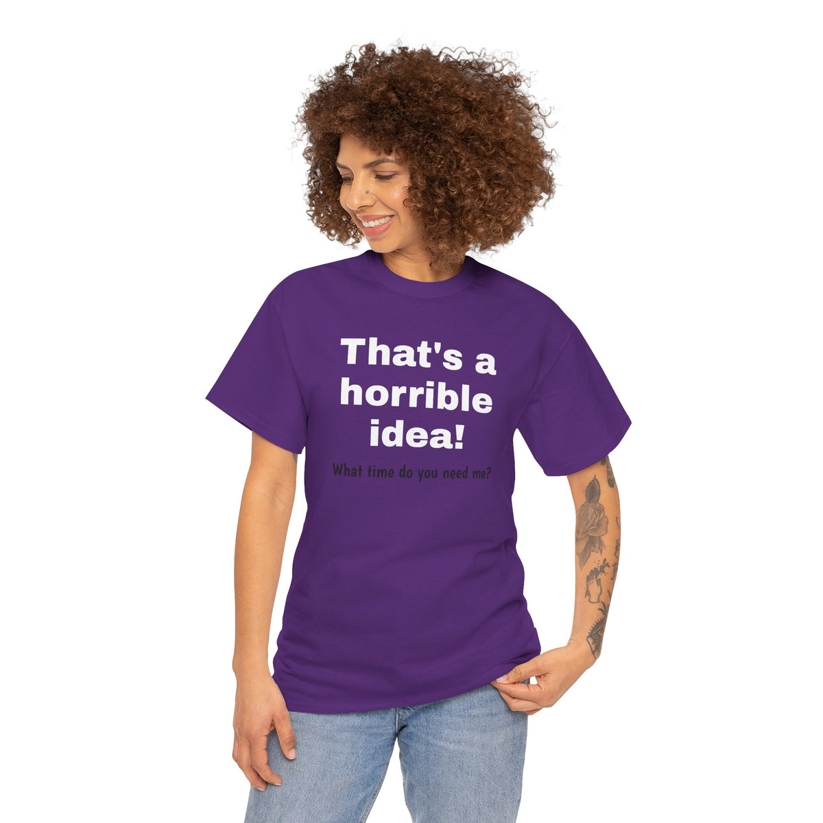 Funny sarcastic graphic T-shirt by Printify featuring the phrase "What time do you need me?" on a casual men's T-shirt.