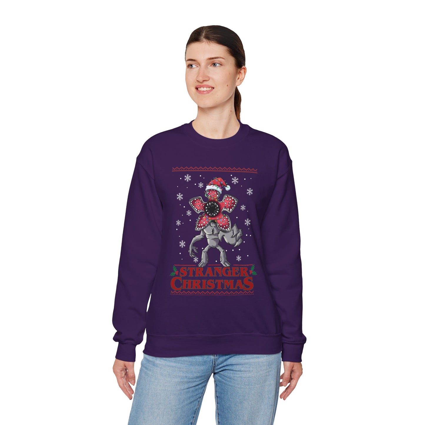 Stranger Christmas Crewneck Sweatshirt — Retro Holiday Stranger Things Demogorgon Design, Ugly Sweater