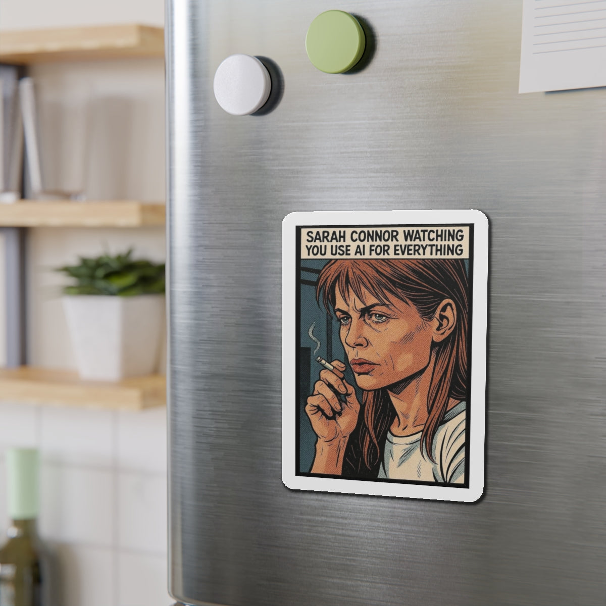 Sarah Connor AI die-cut magnet featuring a cyberpunk retro design, perfect for home decor or refrigerator decoration.