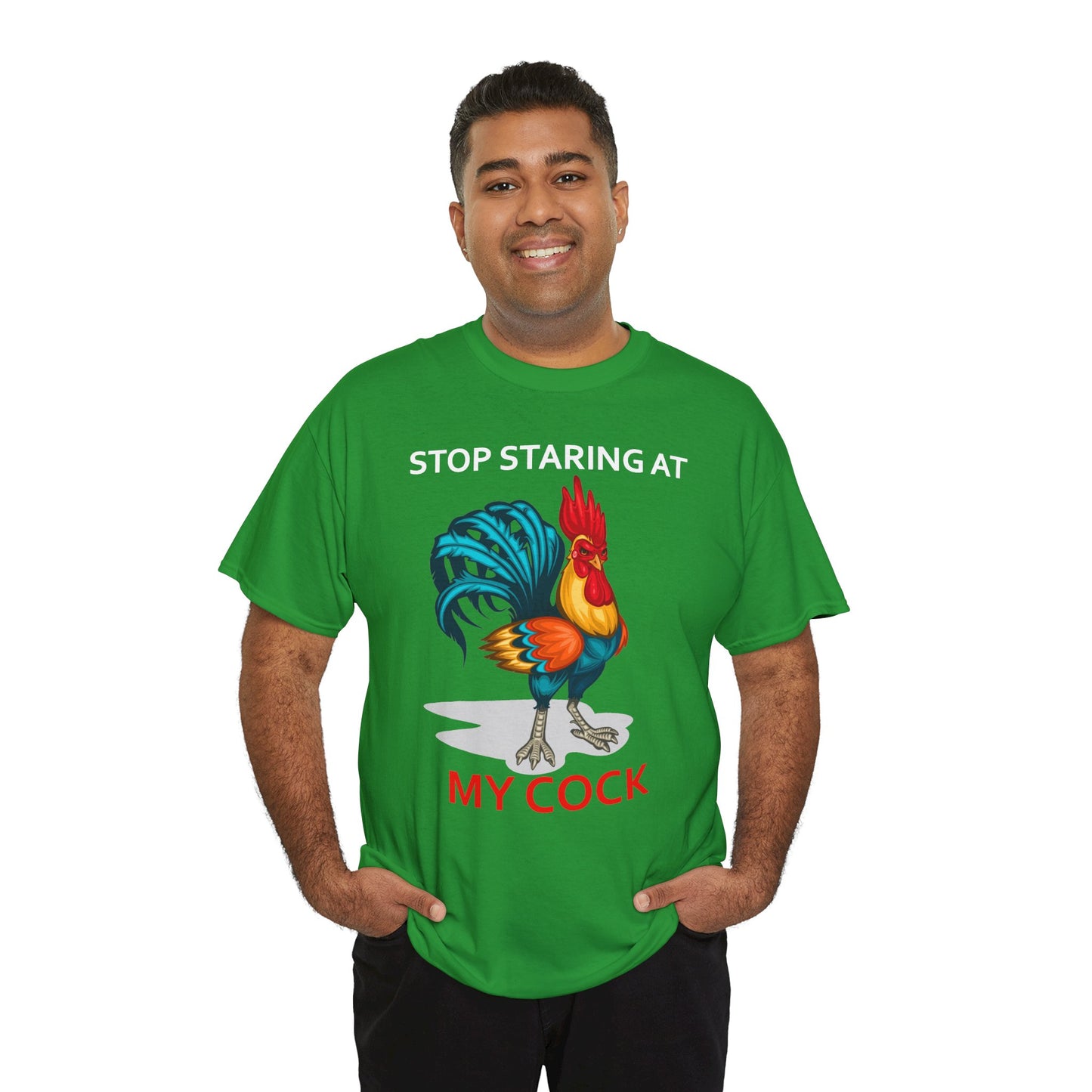 Unisex T-shirt featuring humorous "Stop Staring at My Cock" chicken graphic, farm animal print, printed by Printify.