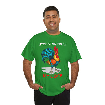 Unisex T-shirt featuring humorous "Stop Staring at My Cock" chicken graphic, farm animal print, printed by Printify.