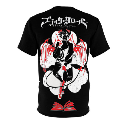 Black Clover Asta demon print unisex anime T-shirt with all-over manga-themed design, ideal for fans of Japanese manga and anime.