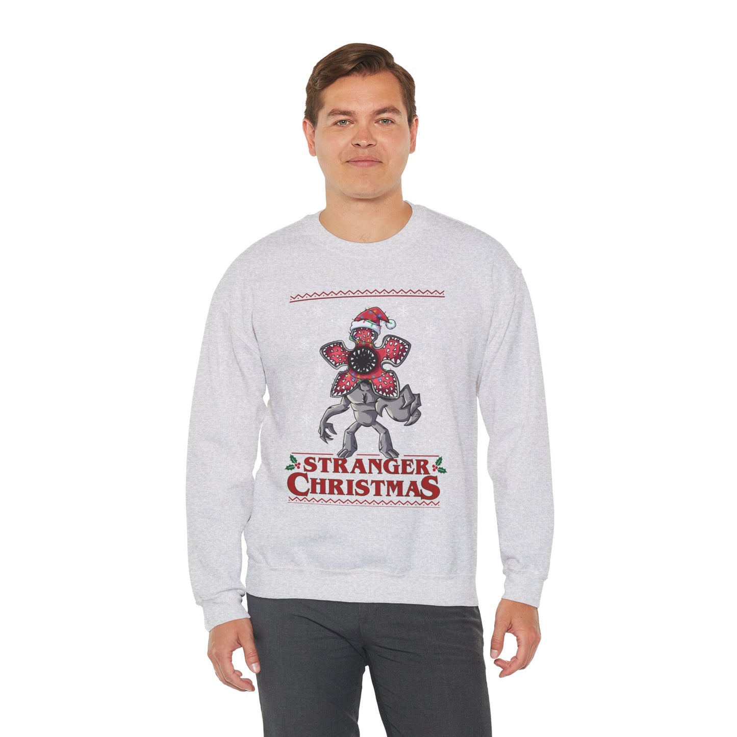 Stranger Christmas Crewneck Sweatshirt — Retro Holiday Stranger Things Demogorgon Design, Ugly Sweater