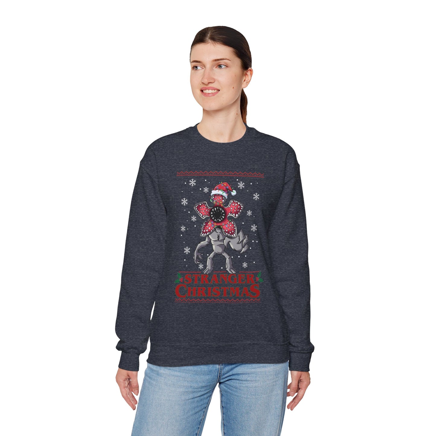 Stranger Christmas Crewneck Sweatshirt — Retro Holiday Stranger Things Demogorgon Design, Ugly Sweater