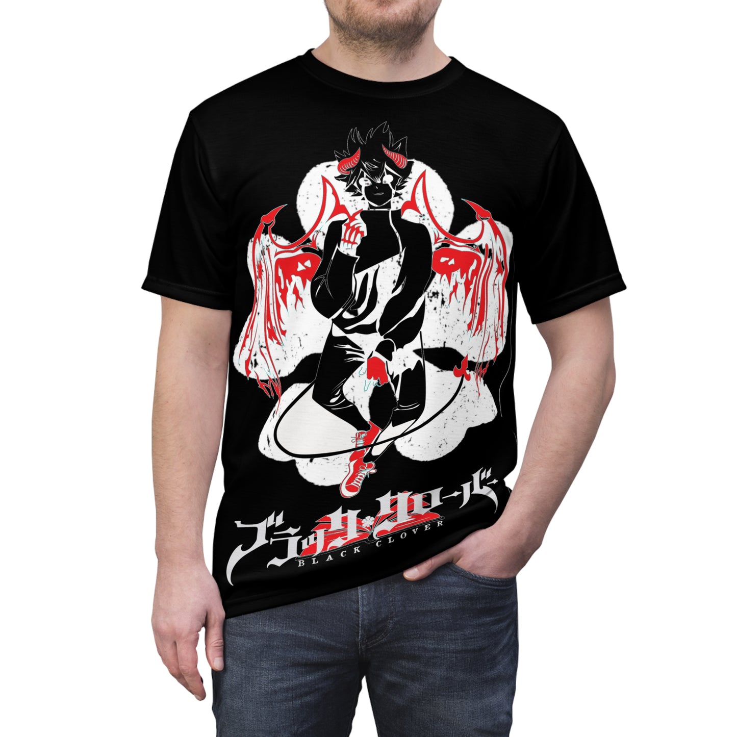 Black Clover Asta demon print unisex anime tee with all-over manga-inspired design, featuring bold character artwork.