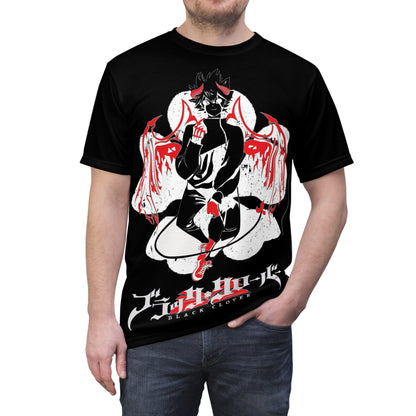 Black Clover Asta demon print unisex anime tee with all-over manga-inspired design, featuring bold character artwork.