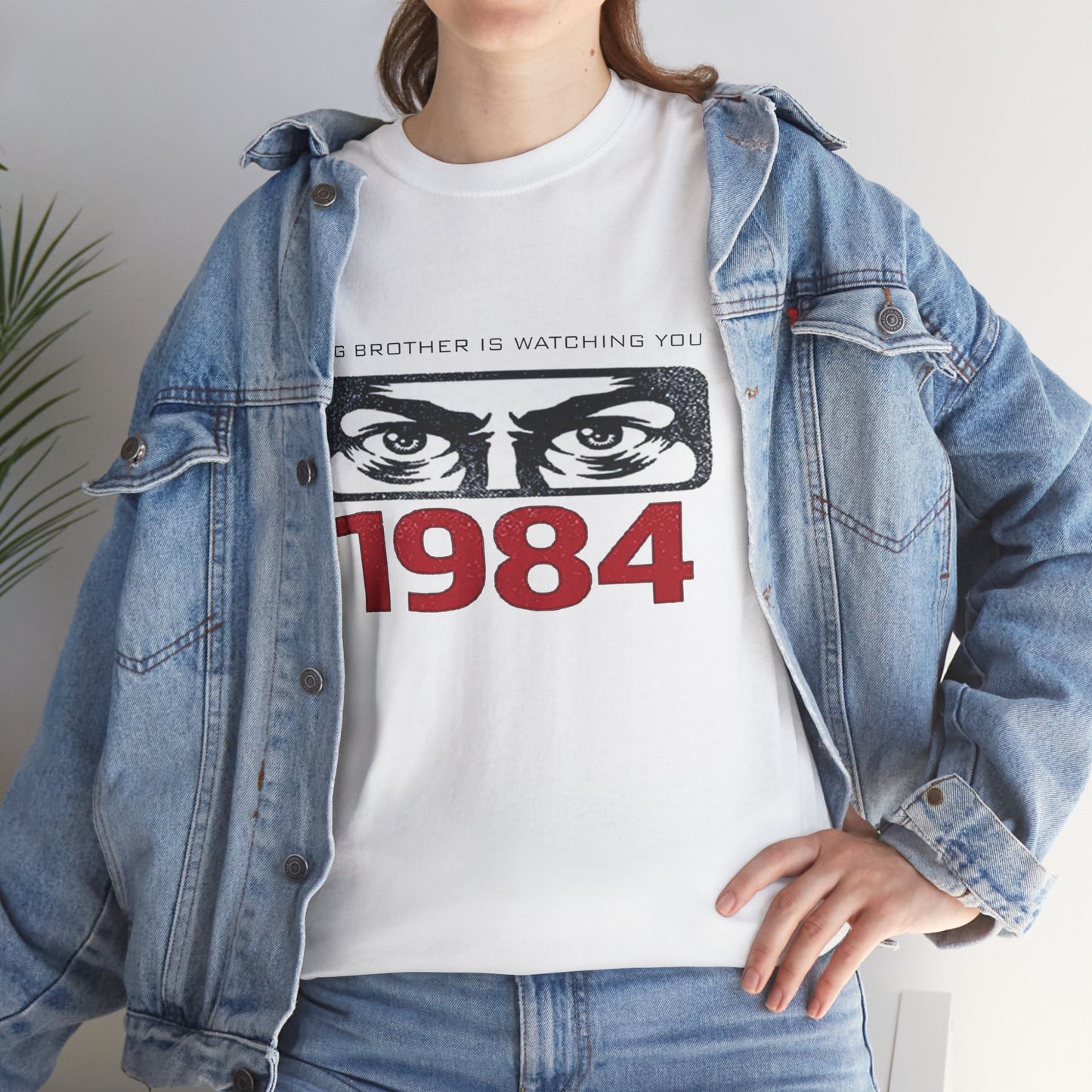 Black Big Brother Is Watching You 1984 T-Shirt featuring George Orwell dystopian and political protest design by Printify.