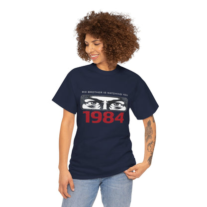 Black George Orwell Big Brother Is Watching You 1984 T-Shirt with dystopian design, political protest graphic, Printify brand.