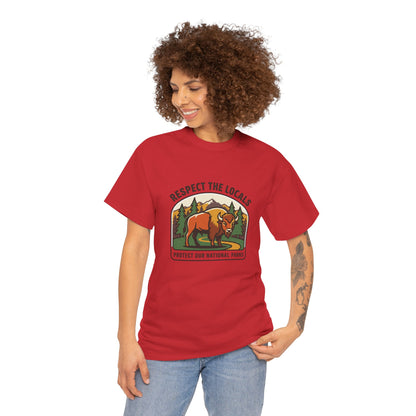 Respect the Locals Bison Patch T-Shirt featuring a bison graphic, perfect for hiking and camping souvenirs.