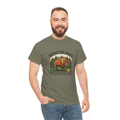 Respect the Locals Bison patch T-shirt showing a graphic design, perfect for hiking and camping with a national parks theme.
