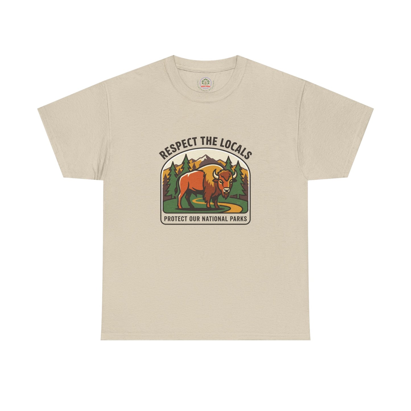 Respect the Locals Bison Patch T-Shirt featuring a bison graphic, ideal for hiking, camping, and national parks souvenirs.