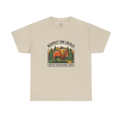 Respect the Locals Bison Patch T-Shirt featuring a bison graphic, ideal for hiking, camping, and national parks souvenirs.