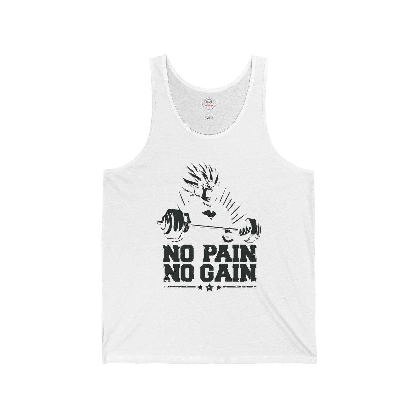 No Pain No Gain Super Saiyan gym tank top featuring anime-inspired muscular design, ideal for workout and fitness activities.