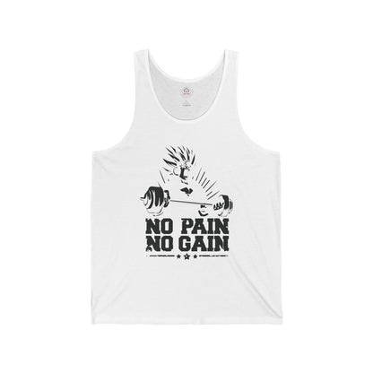 No Pain No Gain Super Saiyan gym tank top featuring anime-inspired muscular design, ideal for workout and fitness activities.