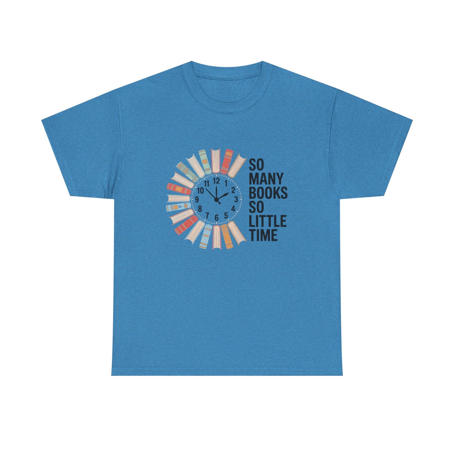 Black T-shirt with a reading clock design and the text "So Many Books So Little Time" for book lovers, by Printify.