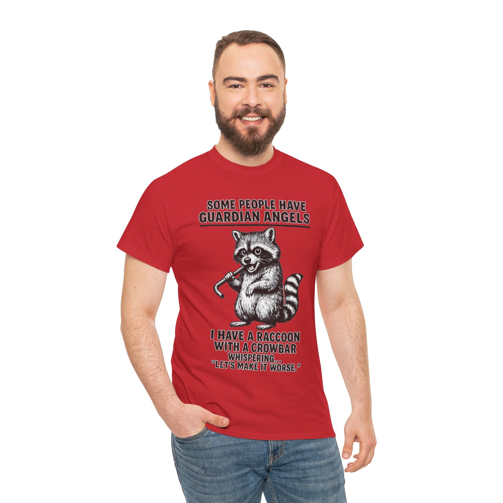 Raccoon with crowbar printed T-shirt featuring "Some People Have Guardian Angels" slogan, casual front view.