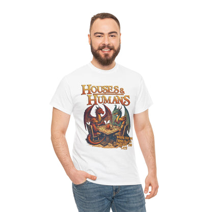 Gray T-shirt featuring Houses and Humans Role-Playing Tee design, perfect for RPG and TCG fans, casual geek gift shirt.