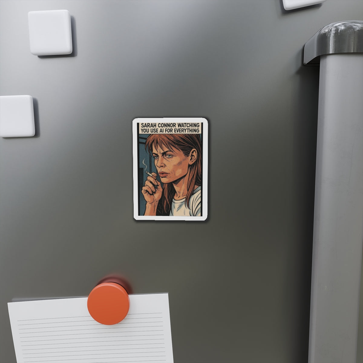 Sarah Connor watching with a smirk in a cyberpunk retro style die-cut magnet, perfect for sarcastic home decor.