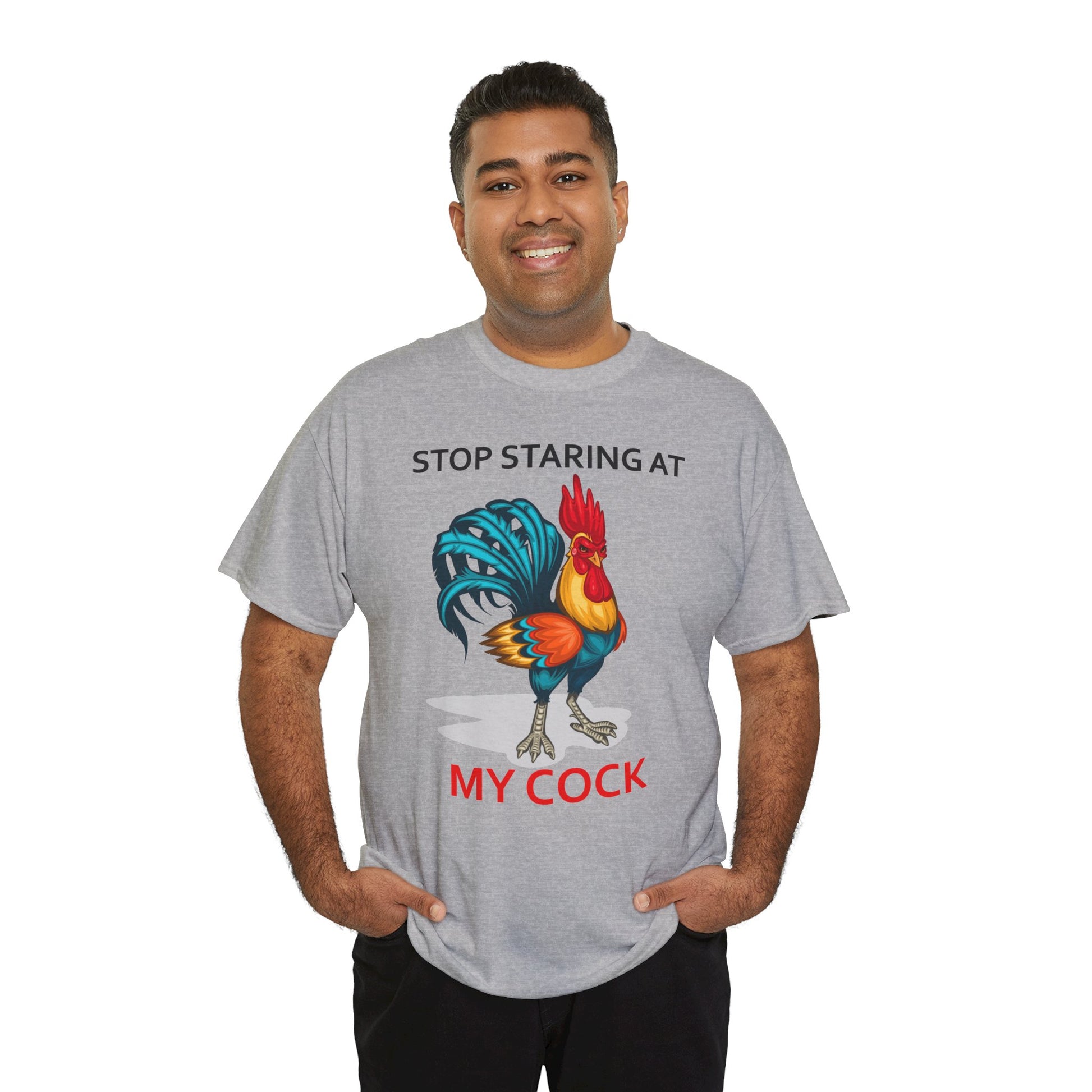 Unisex chicken-themed T-shirt with humorous "Stop Staring at My Cock" print, farm animal design by Printify.