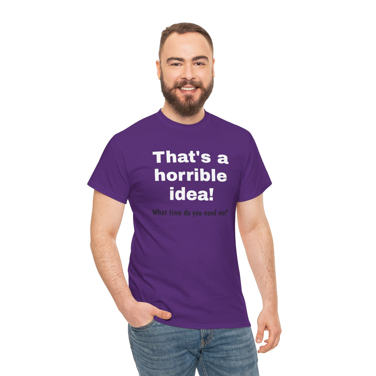Funny sarcastic graphic T-shirt by Printify with the phrase "What time do you need me?" on a casual cotton tee.