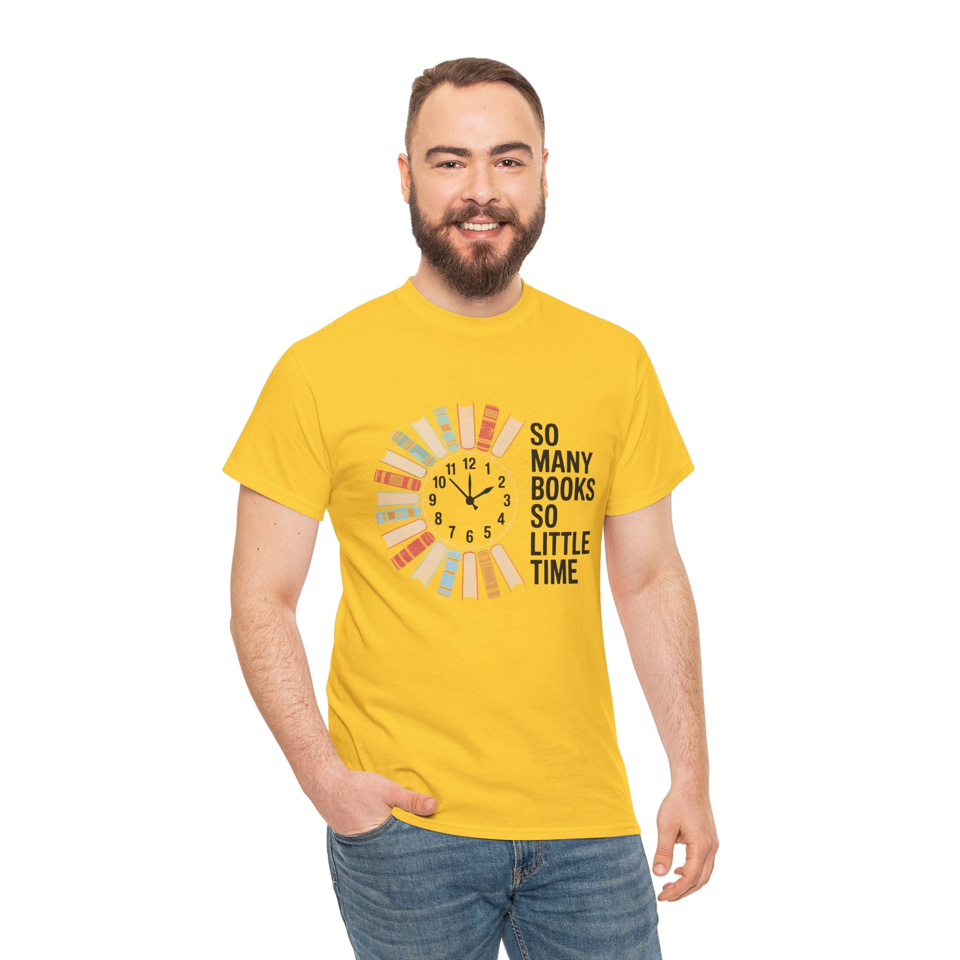 Printify T-shirt with "So Many Books So Little Time" reading clock design, perfect for book lovers and reading enthusiasts.
