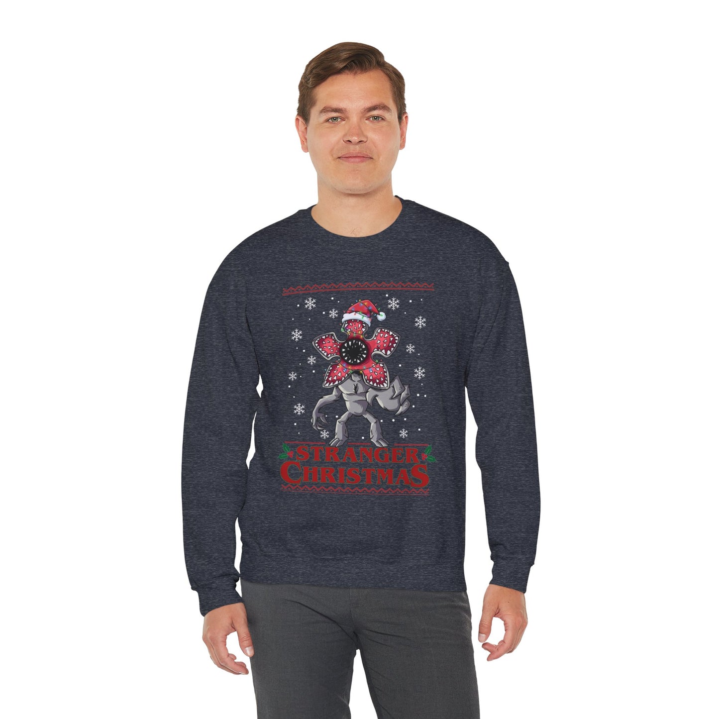 Stranger Christmas Crewneck Sweatshirt — Retro Holiday Stranger Things Demogorgon Design, Ugly Sweater
