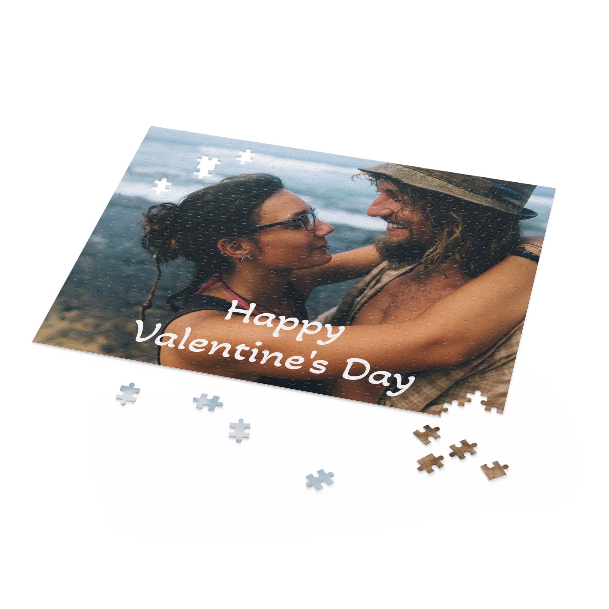 Personalized couples photo puzzle with 120 to 500 pieces, featuring a custom image, ideal for Valentine's Day gift from Printify.
