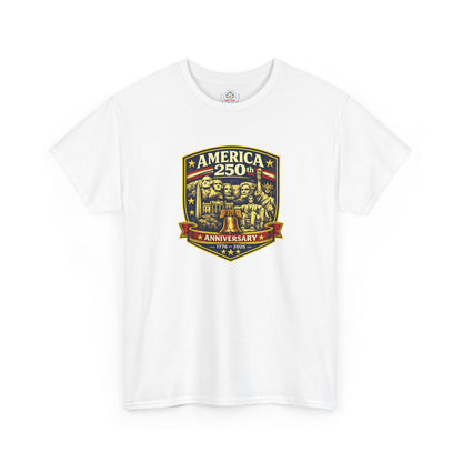 America 250th Anniversary patriotic T-shirt by Printify featuring a badge design, celebrating USA independence and history.
