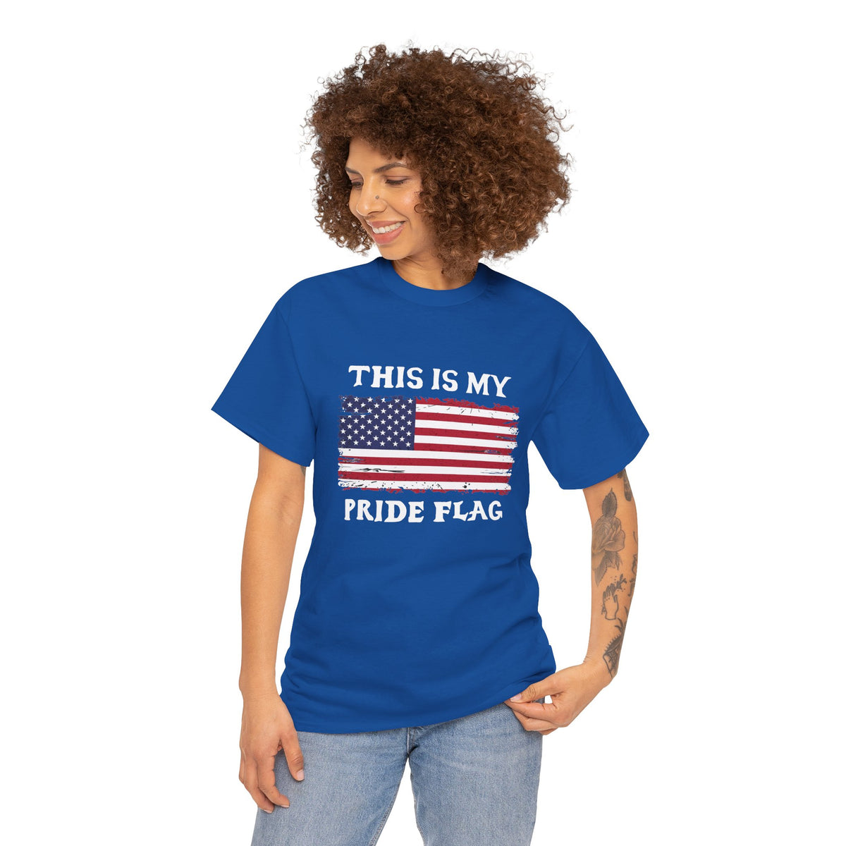 Unisex patriotic T-shirt with distressed American flag and "This Is My Pride Flag" slogan, printed by Printify.