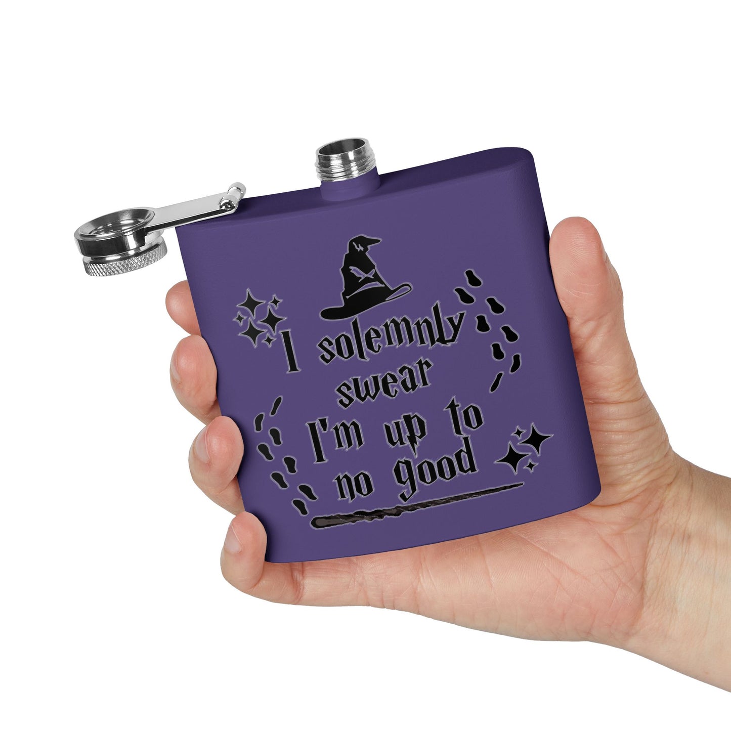 Stainless steel 6oz mug with "I Solemnly Swear I Am Up To No Good" printed design, ideal for Harry Potter fans.