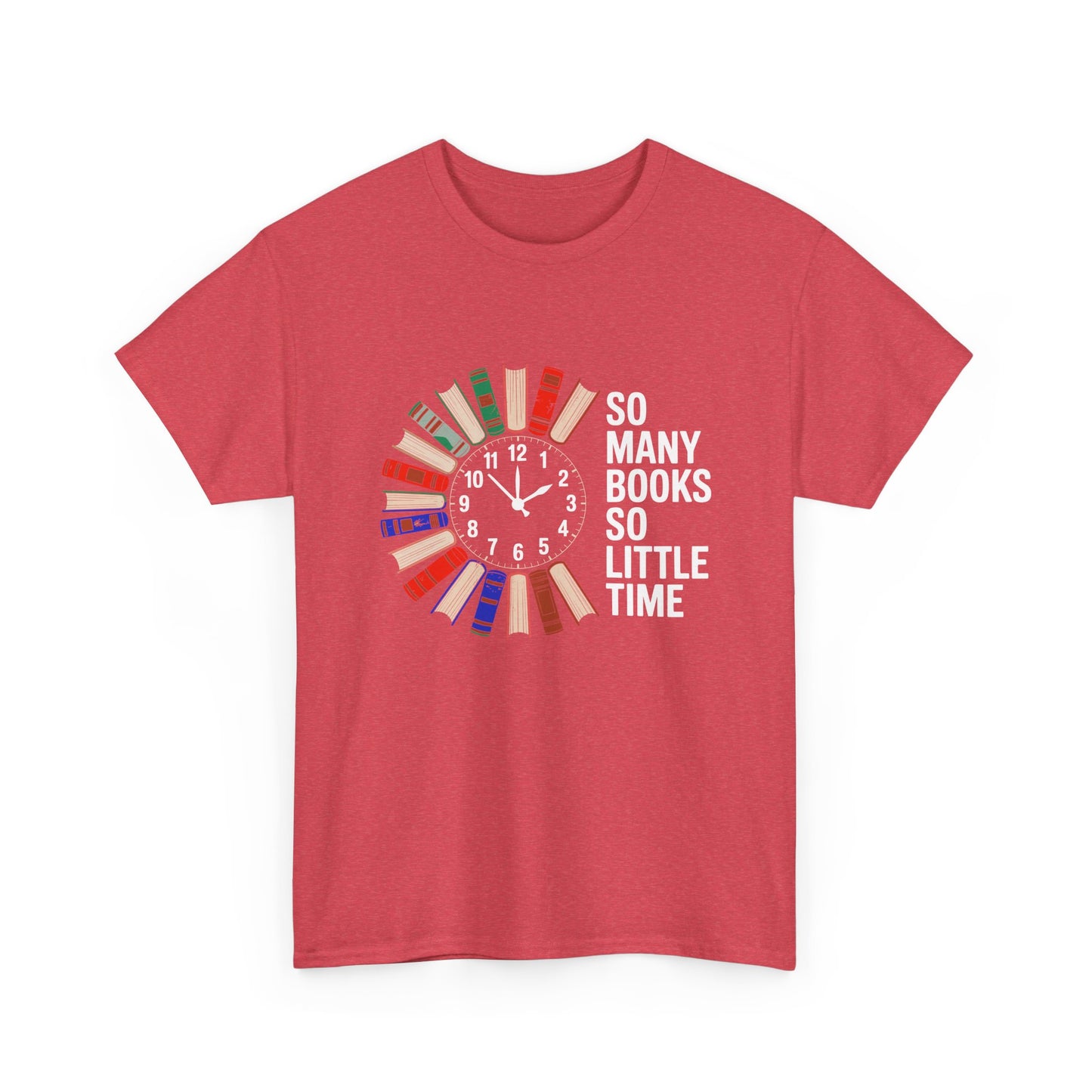 White T-shirt with a reading clock design and "So Many Books So Little Time" text, perfect for book lovers and reading enthusiasts.