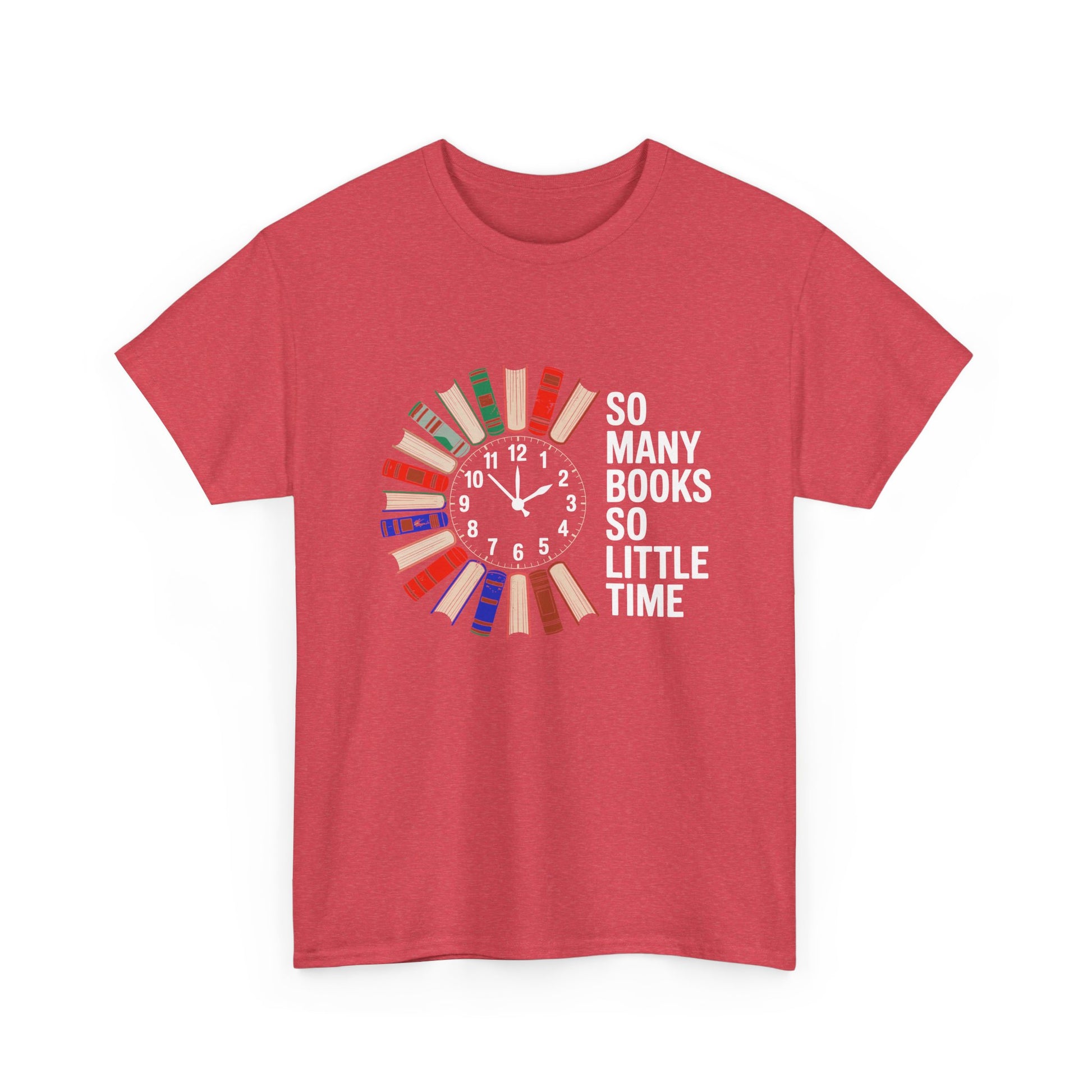 White T-shirt with a reading clock design and "So Many Books So Little Time" text, perfect for book lovers and reading enthusiasts.