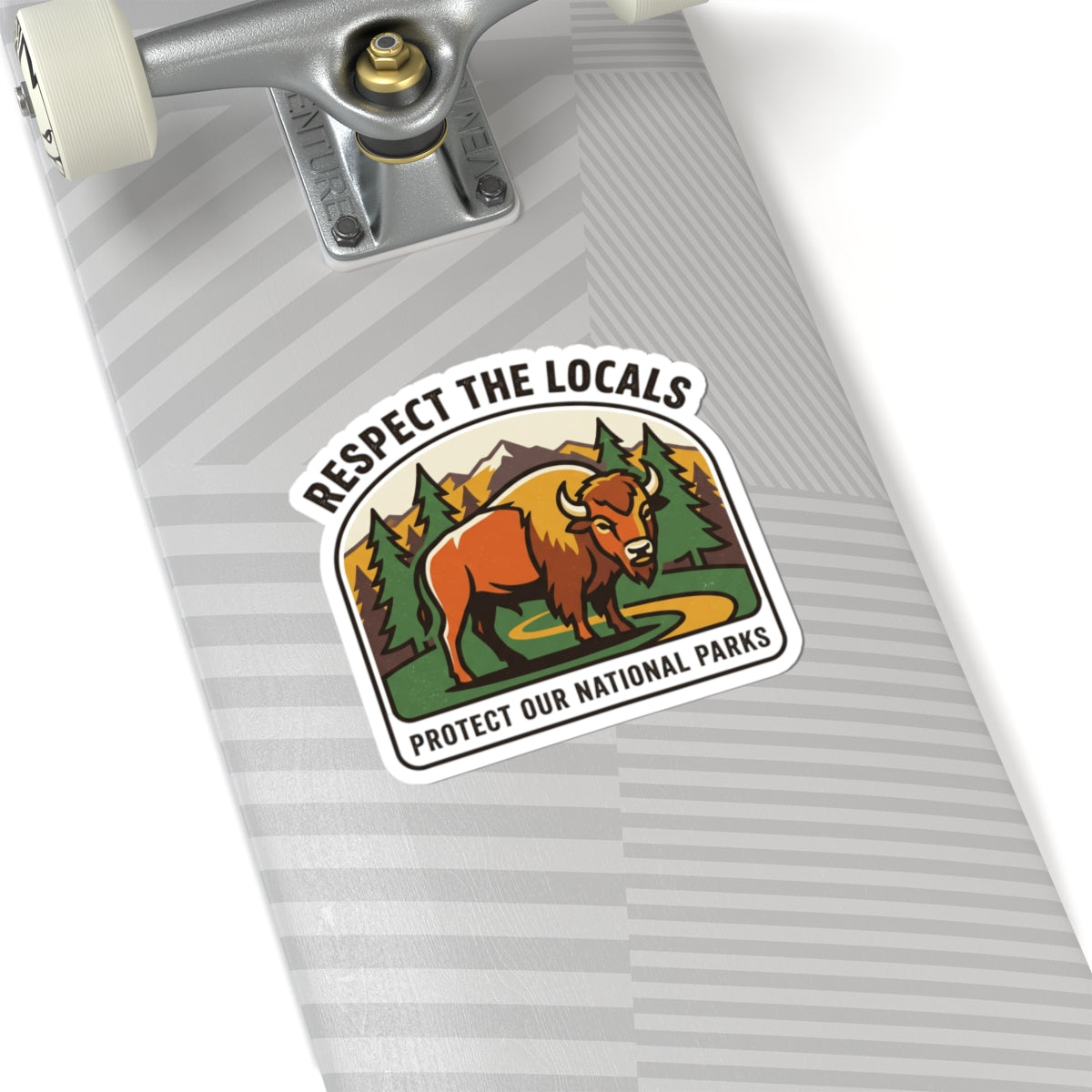 Respect the Locals buffalo sticker by Printify, featuring a wildlife design for protecting national parks, ideal for hiking and camping gear.