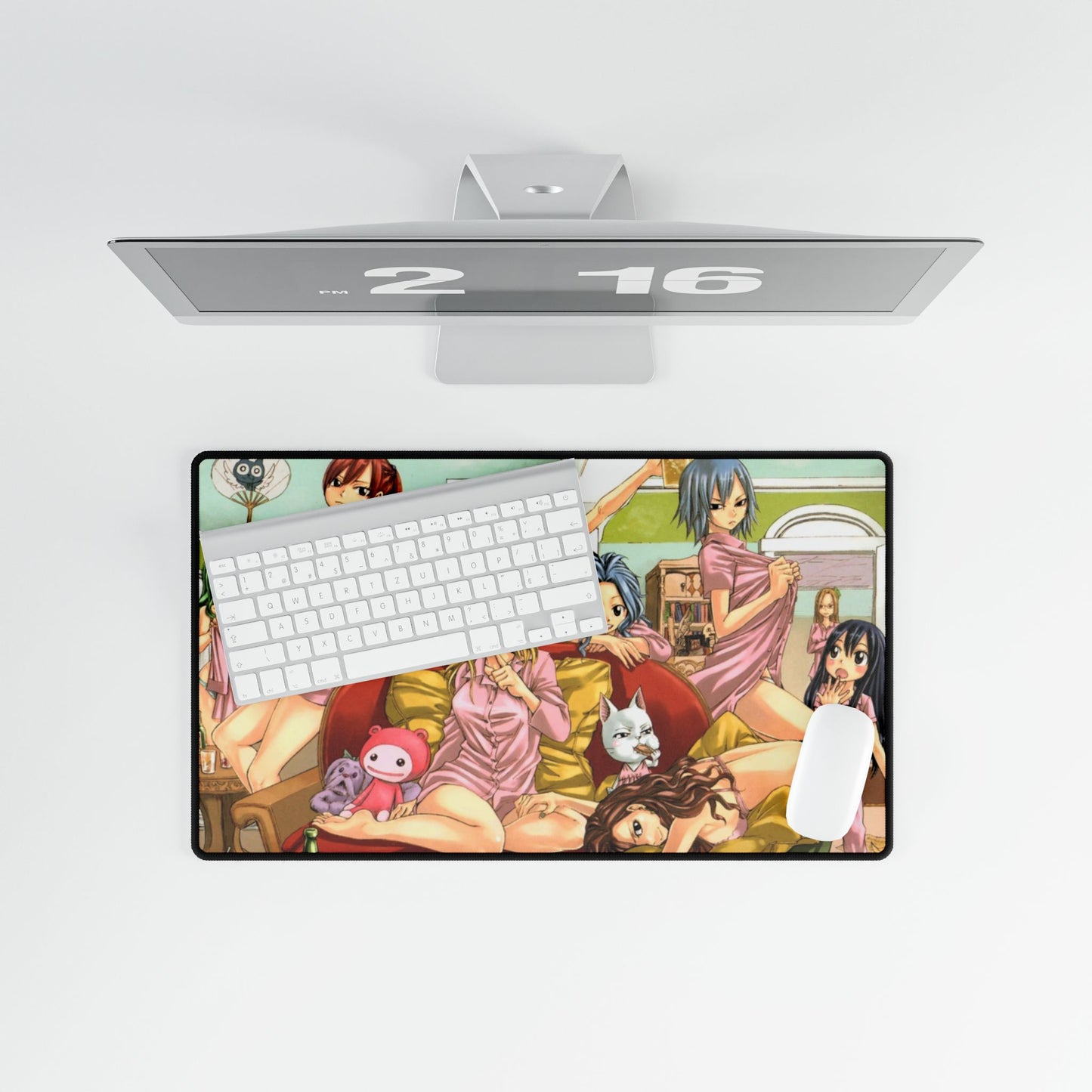 Anime-inspired Fairy Tail desk mat featuring Fairy Hills girls, perfect for home decor and TCG or MTG gaming setups.