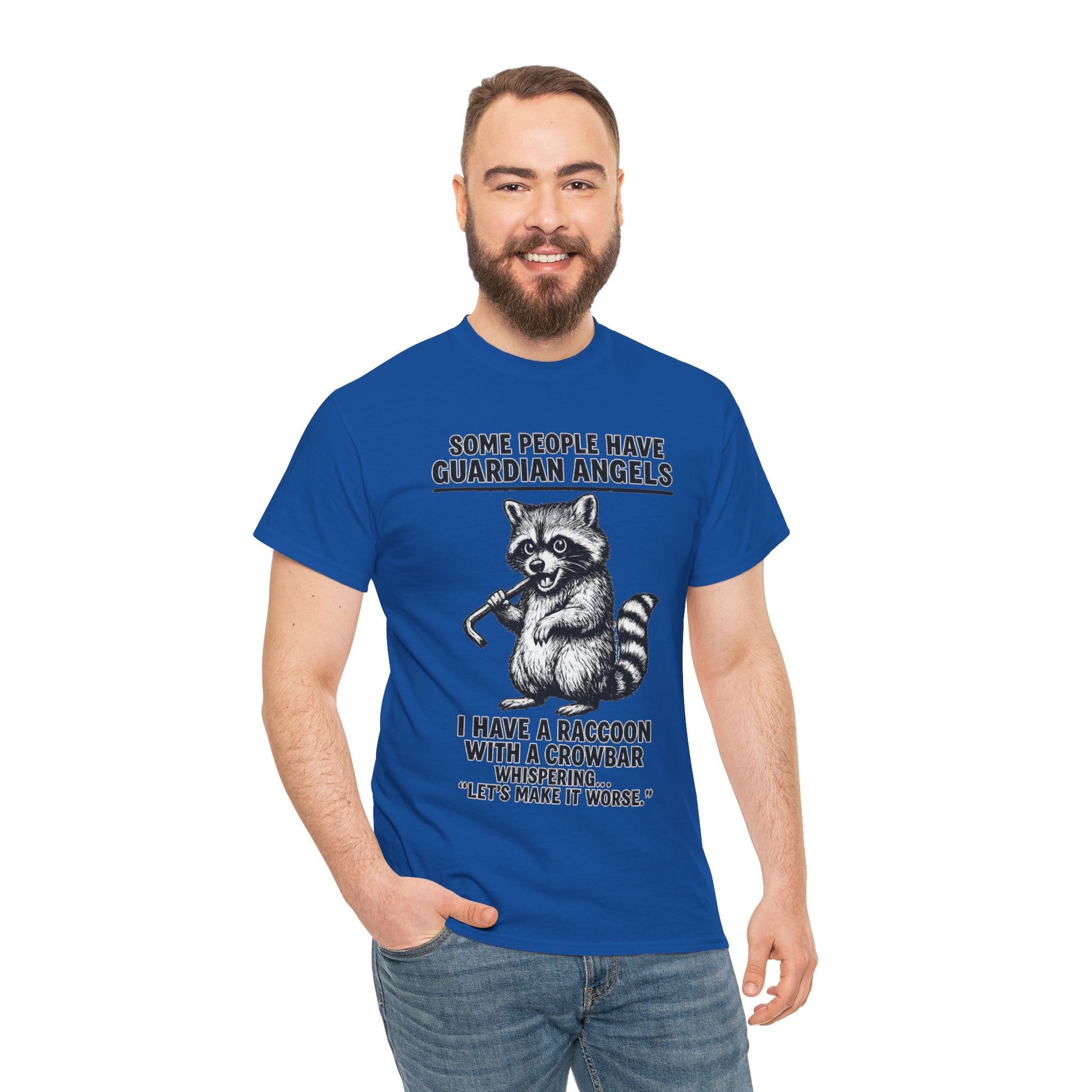 Raccoon with crowbar graphic T-shirt featuring the phrase "Some People Have Guardian Angels" on a Printify tee.
