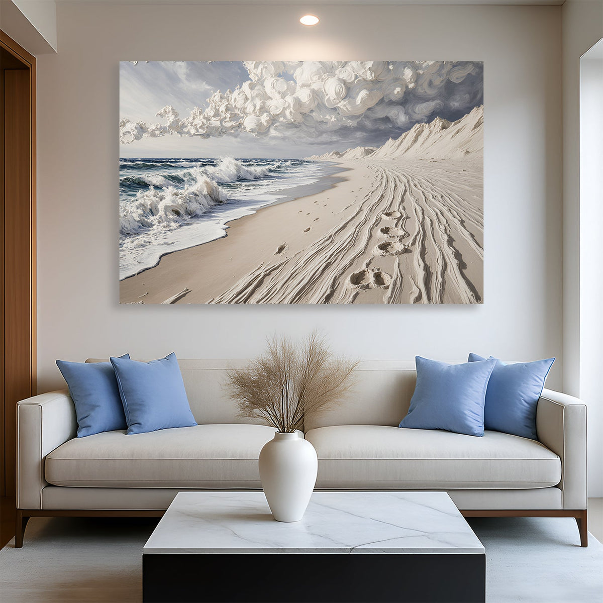 Canvas wall art featuring footprints in the sand, created by Tailored Canvases, with a serene beach scene.