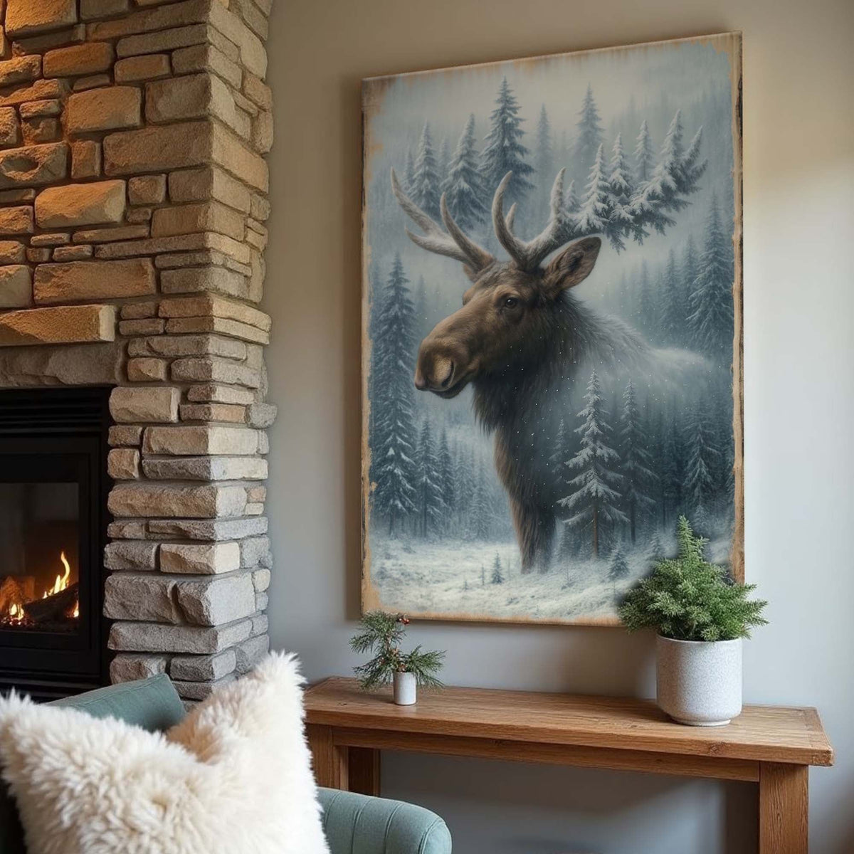 Snowy forest moose double exposure canvas wall art by Tailored Canvases, featuring a moose silhouette over winter woodland scene.