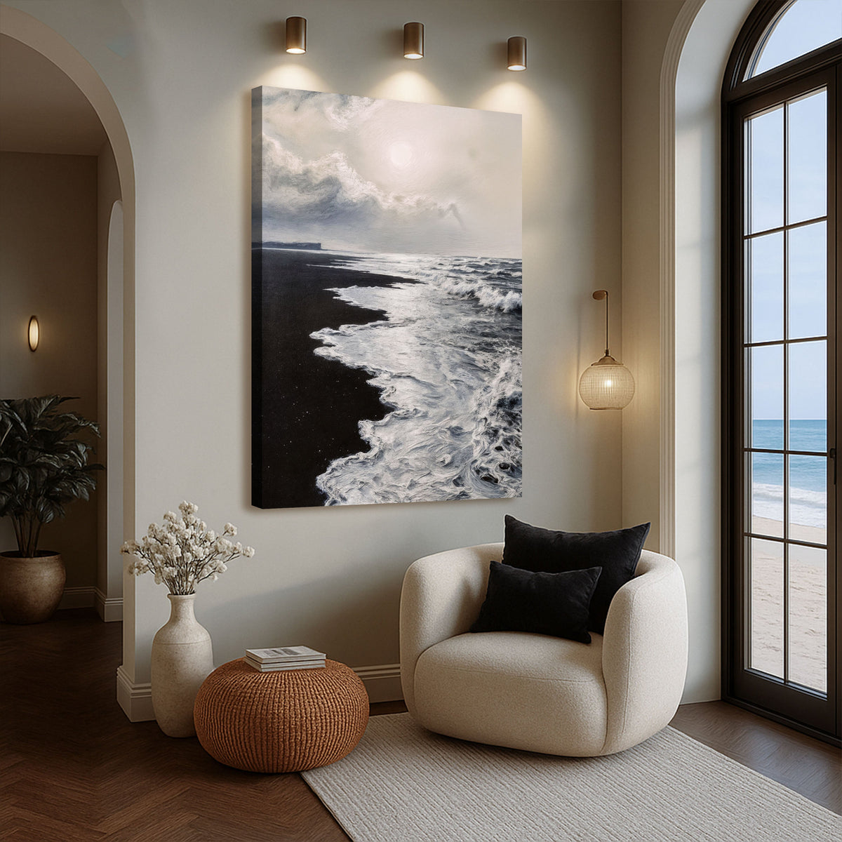 Black and white waves abstract canvas wall art by Tailored Canvases, featuring flowing wave patterns on textured canvas.
