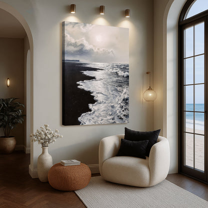 Black and white waves abstract canvas wall art by Tailored Canvases, featuring flowing wave patterns on textured canvas.