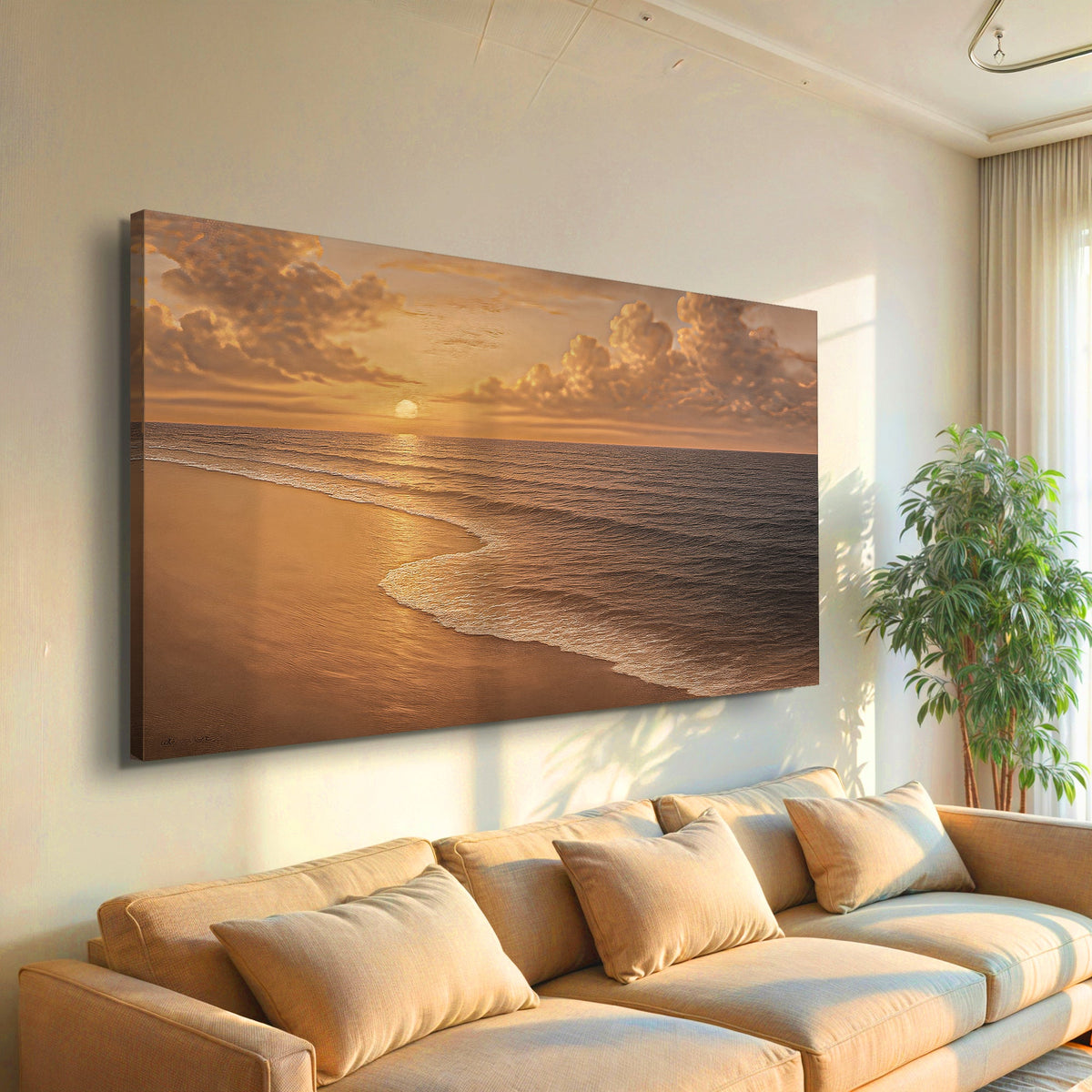 Canvas wall art featuring a coastal shoreline scene, ideal for beach-themed home decor by Tailored Canvases.