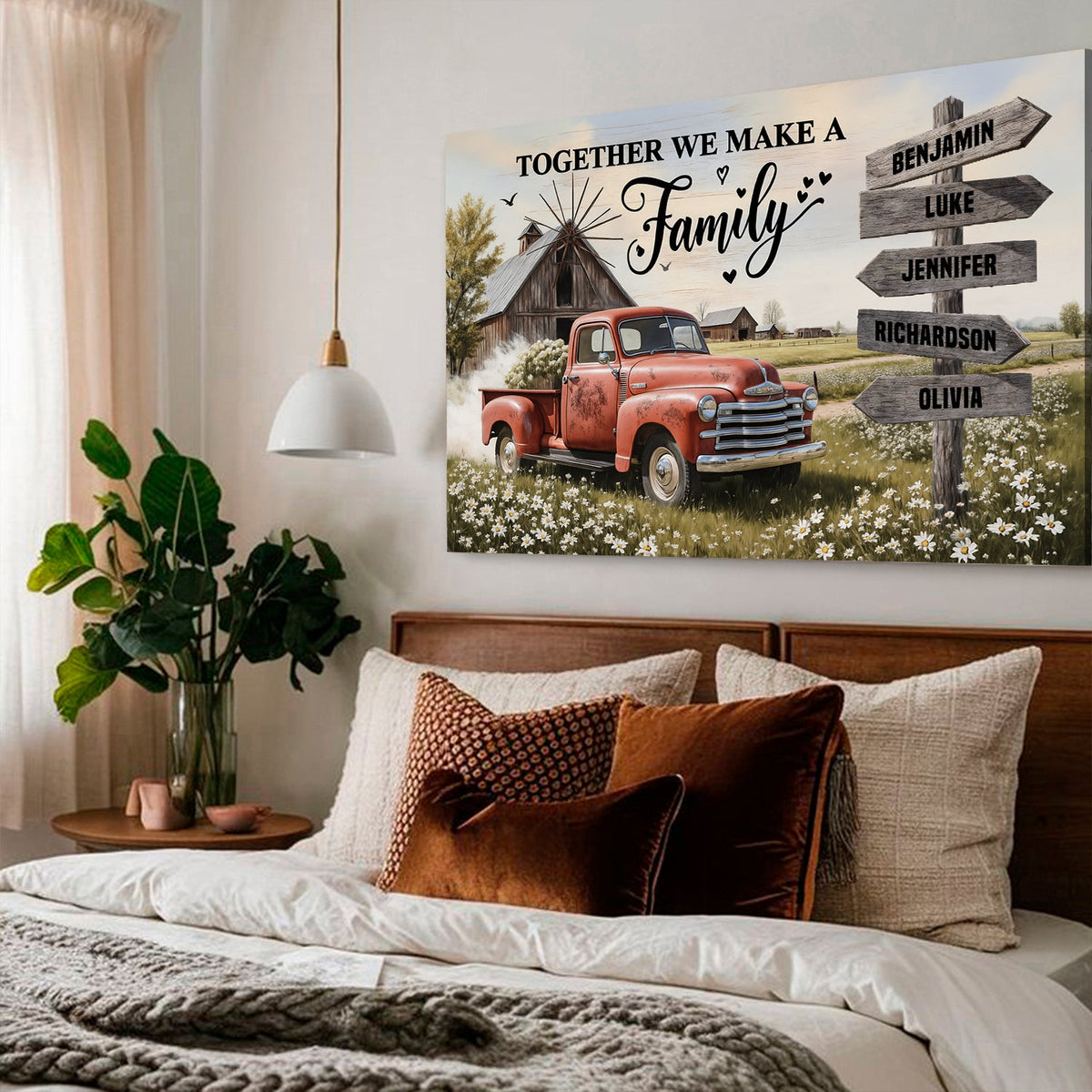 Personalized family farmhouse old truck wall art on canvas by Tailored Canvases, featuring rustic vintage truck and farmhouse scene.