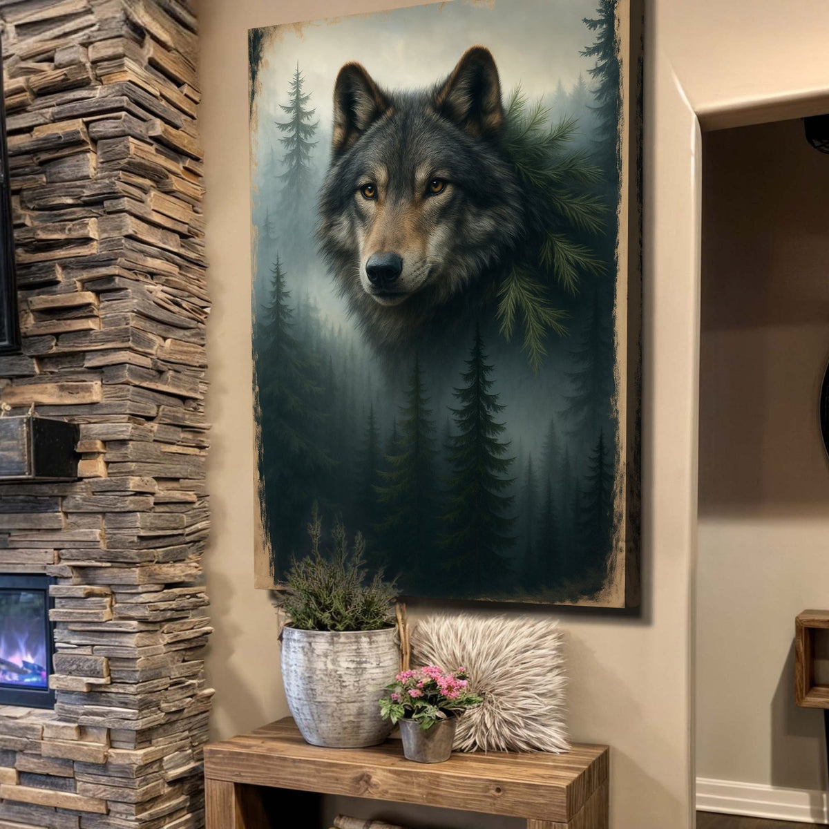 Wolf Double Exposure Wall Art canvas by Tailored Canvases featuring a double exposure wolf design on a textured canvas surface.