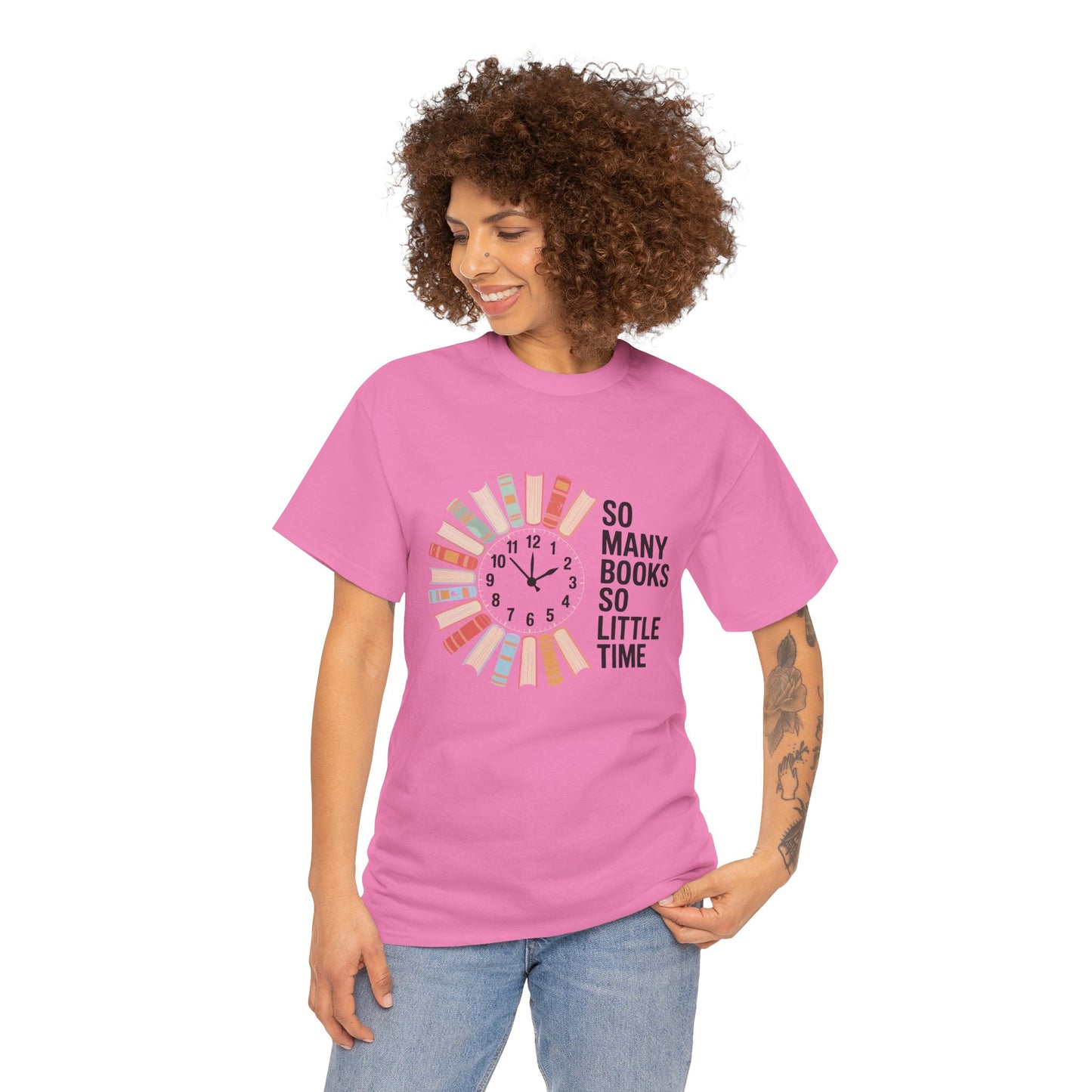 White T-shirt with a reading clock design and text "So Many Books So Little Time" for book lovers, by Printify.