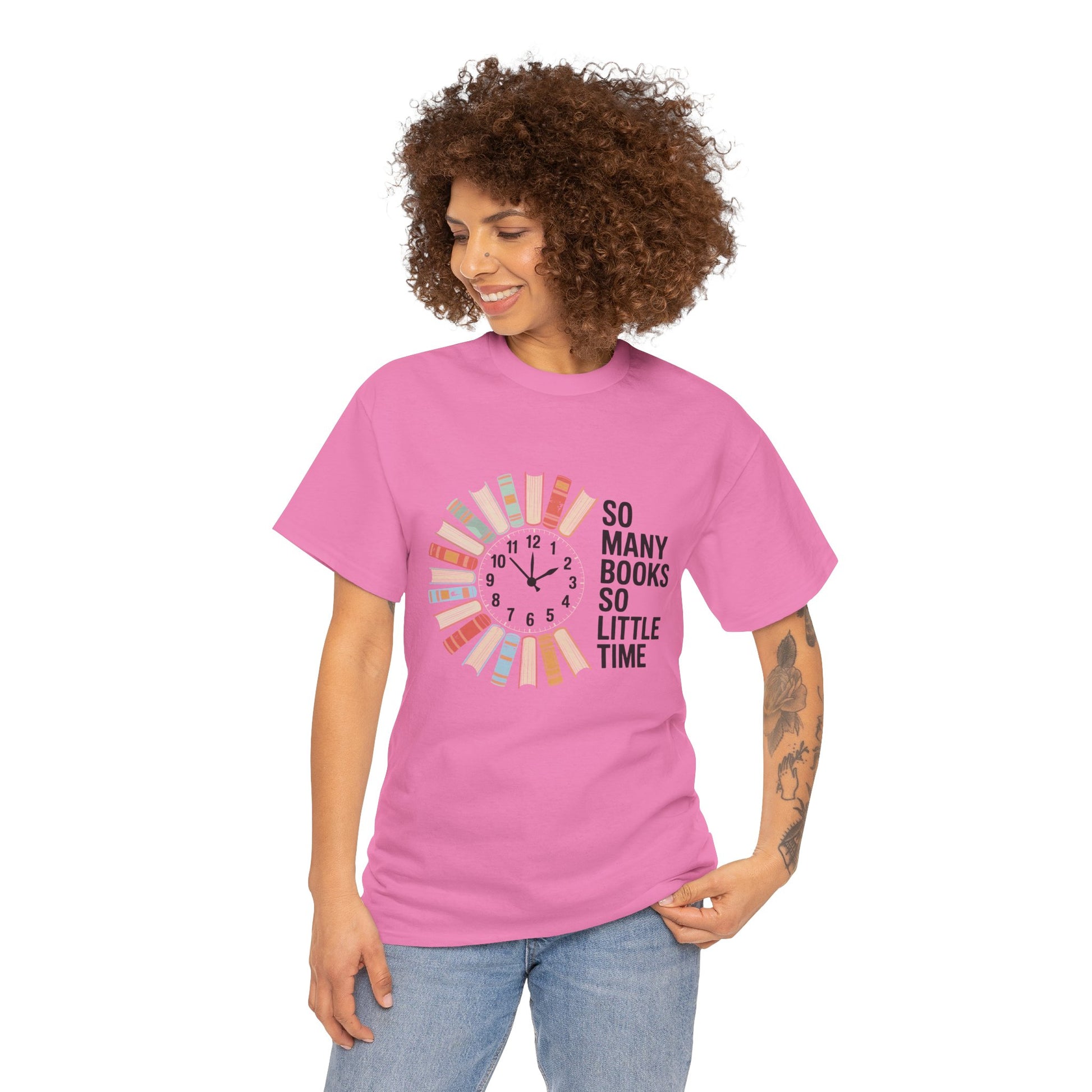 White T-shirt with a reading clock design and text "So Many Books So Little Time" for book lovers, by Printify.