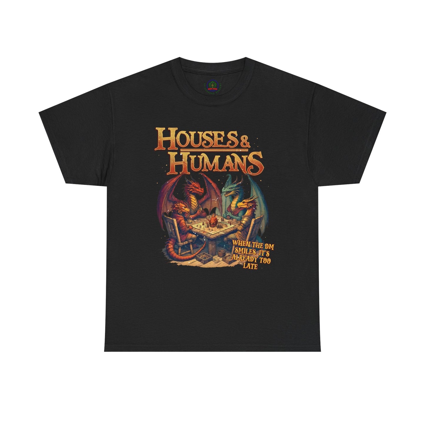 Houses and Humans Role-Playing Tee by Printify featuring a colorful graphic design, perfect for RPG and geek roleplay enthusiasts.