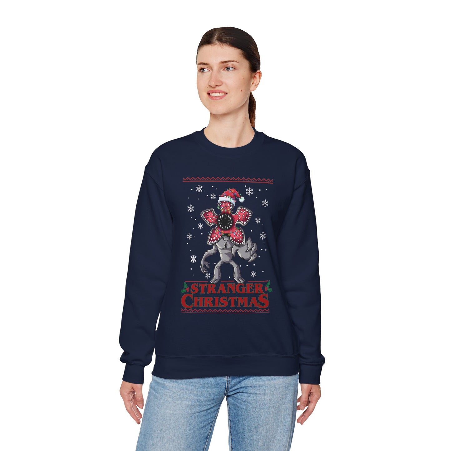 Stranger Christmas Crewneck Sweatshirt — Retro Holiday Stranger Things Demogorgon Design, Ugly Sweater