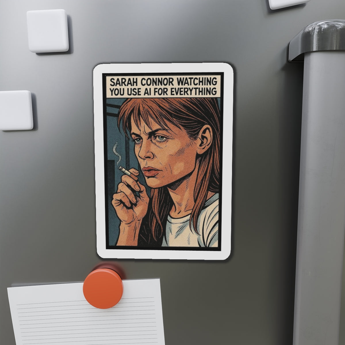 Sarah Connor die-cut magnet featuring her watching over with a cyberpunk retro design, perfect for home decor.